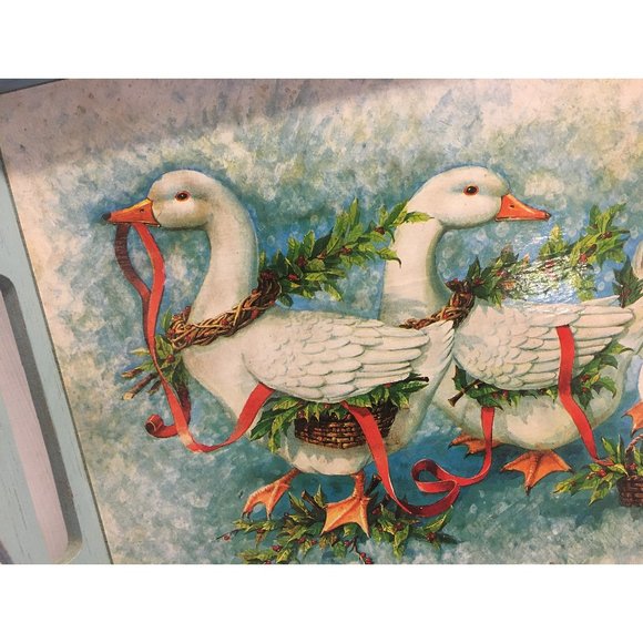 Painted Wood Serving Tray Blue Handles Ducks Goose Geese Wreaths Ribbons VTG 80s - Picture 2 of 12